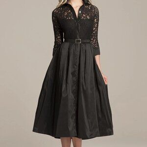 Rickie Freeman For Teri Jon  Black Lace Full Skirt Belted Cocktail Shirtdress 12